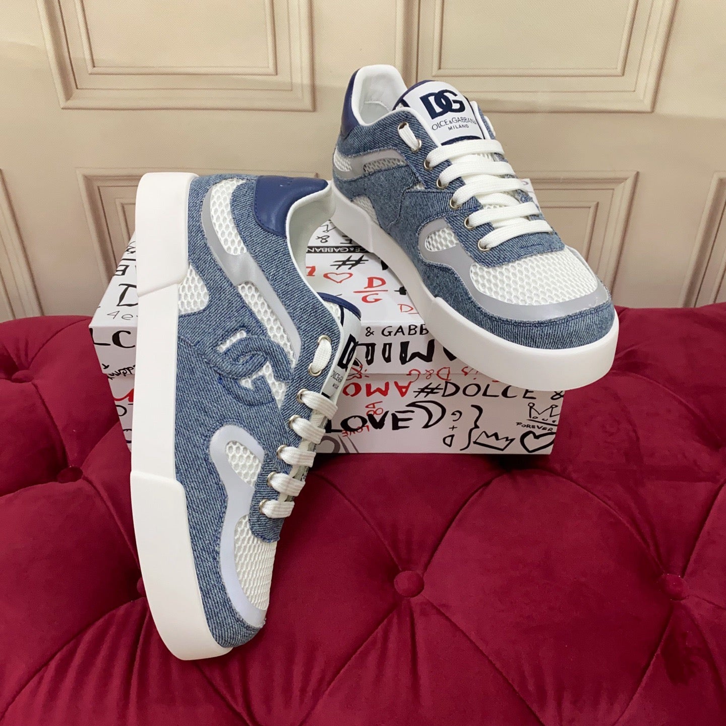 D*G 2026 Premium Leather Casual Sneakers - Designer Unisex Shoes in Blue & Black