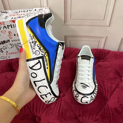 D*G 2026 Premium Leather Casual Sneakers - Designer Unisex Shoes in White-Blue & White-Pink