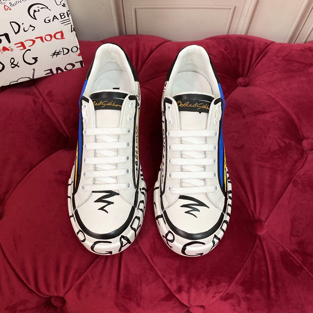 D*G 2026 Premium Leather Casual Sneakers - Designer Unisex Shoes in White-Blue & White-Pink