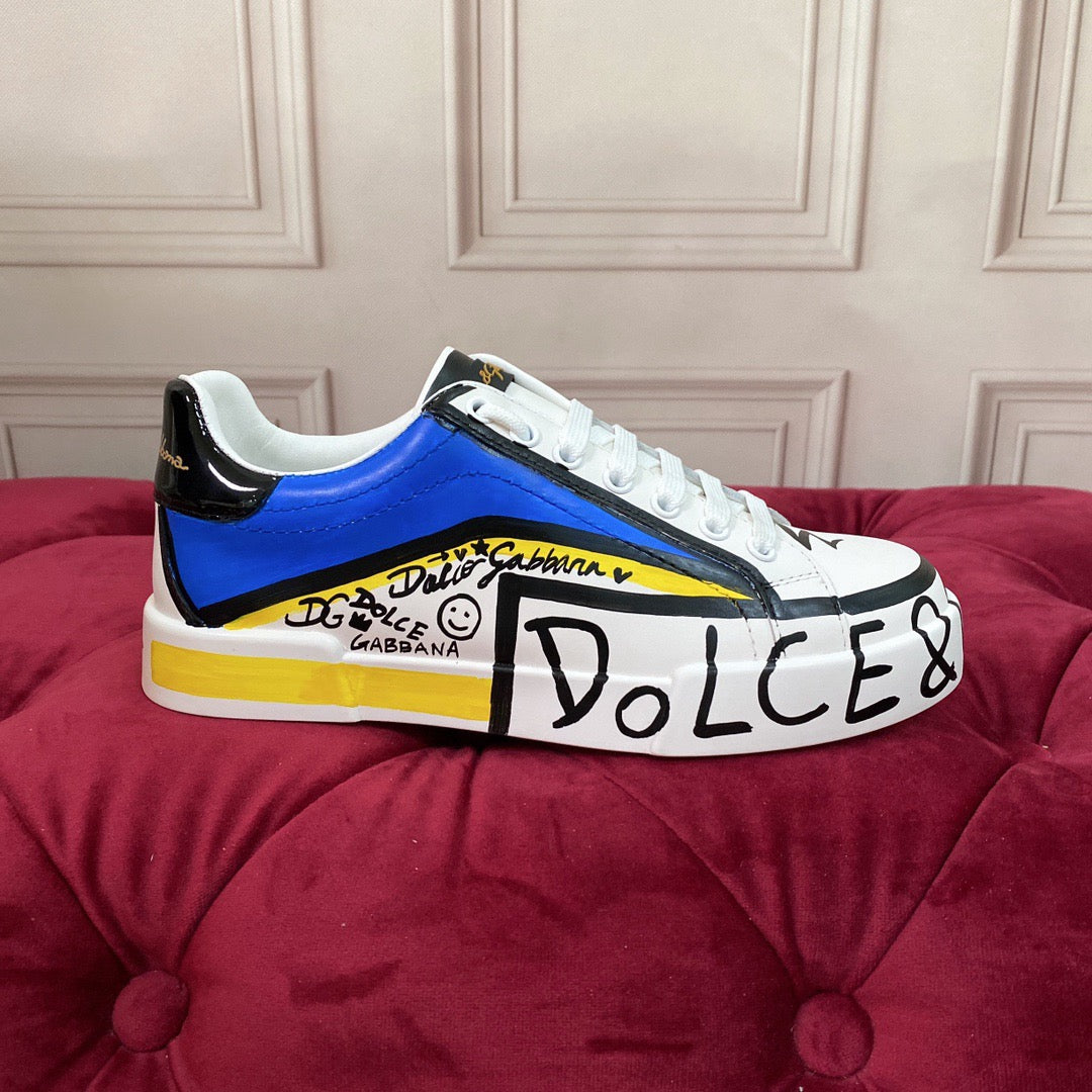 D*G 2026 Premium Leather Casual Sneakers - Designer Unisex Shoes in White-Blue & White-Pink
