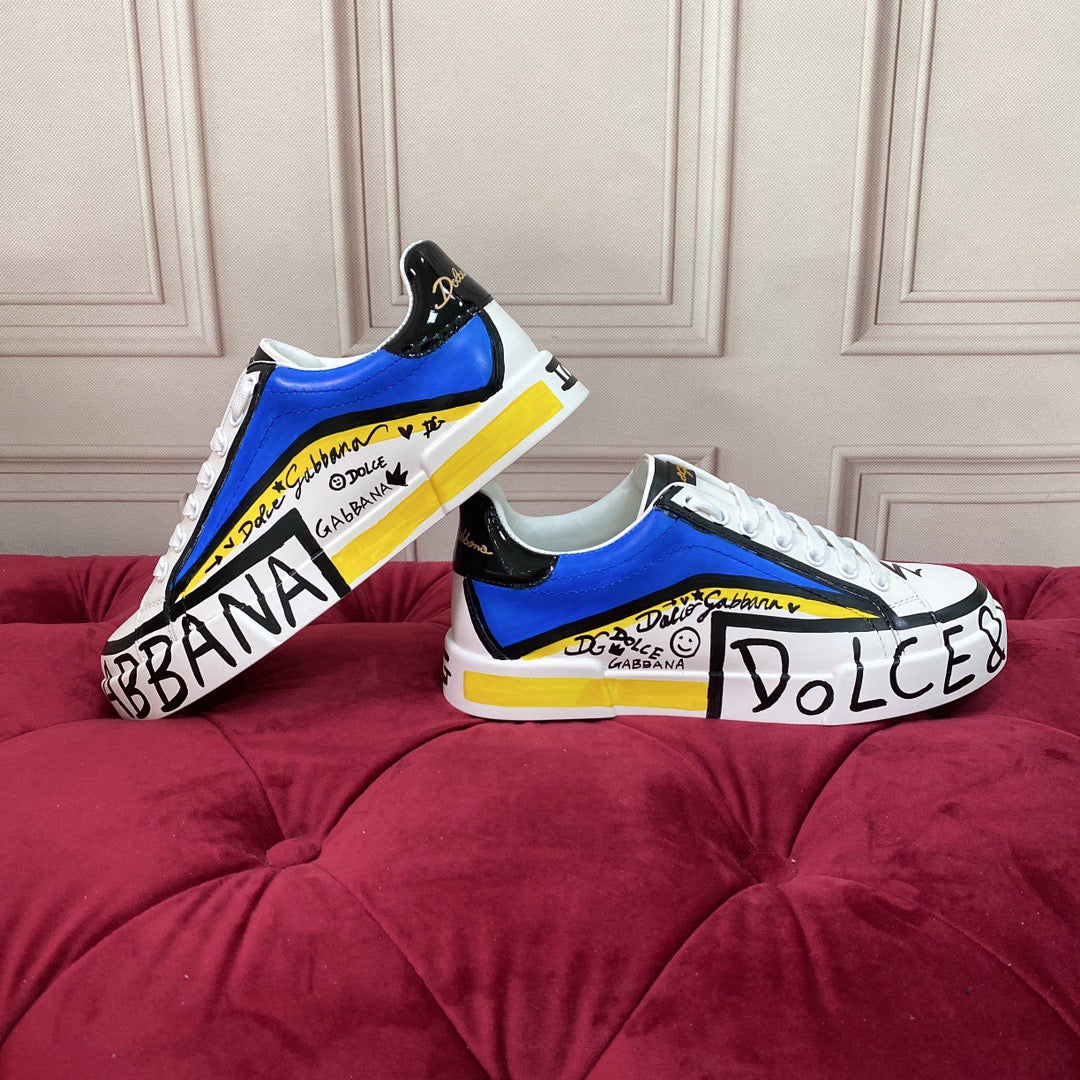 D*G 2026 Premium Leather Casual Sneakers - Designer Unisex Shoes in White-Blue & White-Pink