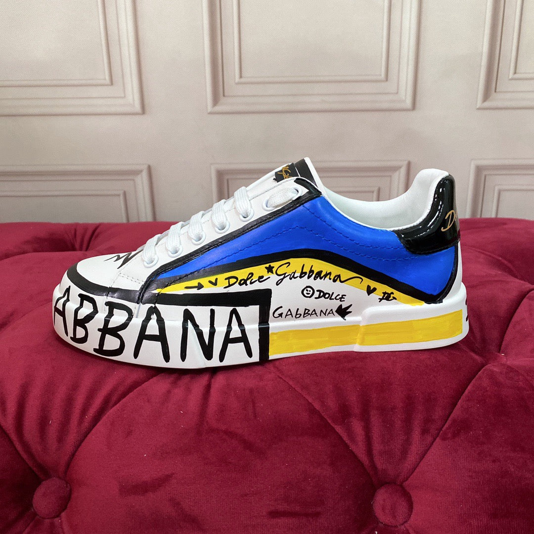 D*G 2026 Premium Leather Casual Sneakers - Designer Unisex Shoes in White-Blue & White-Pink