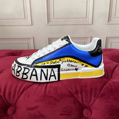 D*G 2026 Premium Leather Casual Sneakers - Designer Unisex Shoes in White-Blue & White-Pink