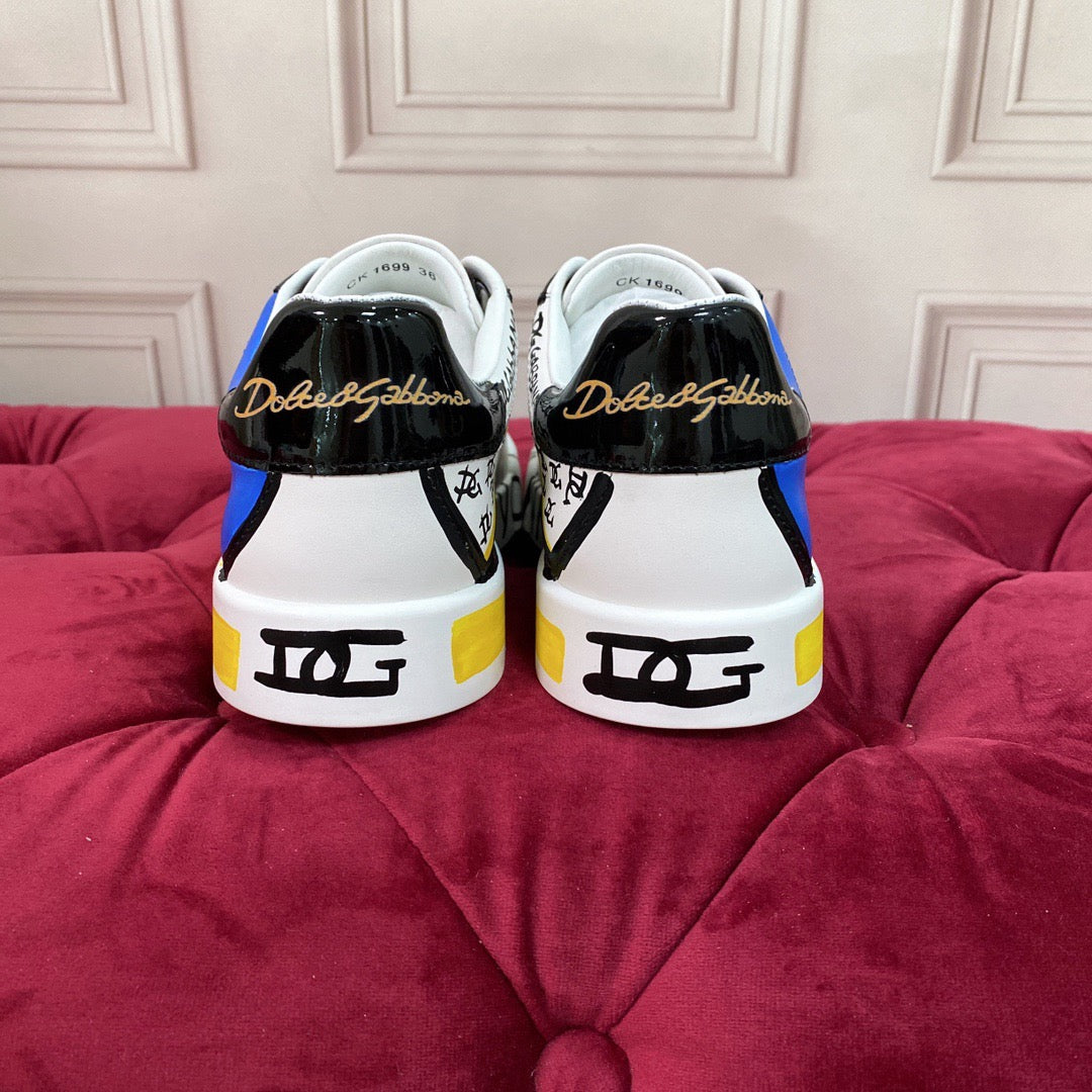 D*G 2026 Premium Leather Casual Sneakers - Designer Unisex Shoes in White-Blue & White-Pink