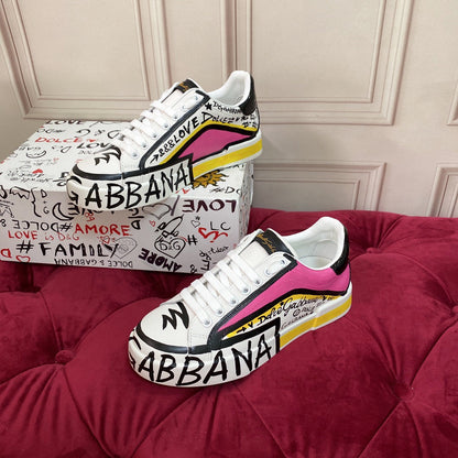 D*G 2026 Premium Leather Casual Sneakers - Designer Unisex Shoes in White-Blue & White-Pink